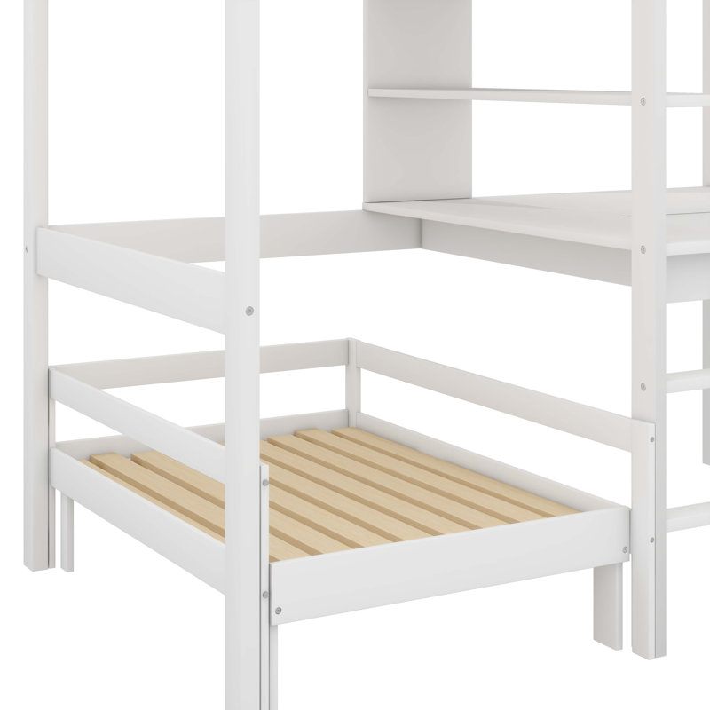 Lit mezzanine convertible polyvalent avec bureau en L, tablettes et échelle robuste