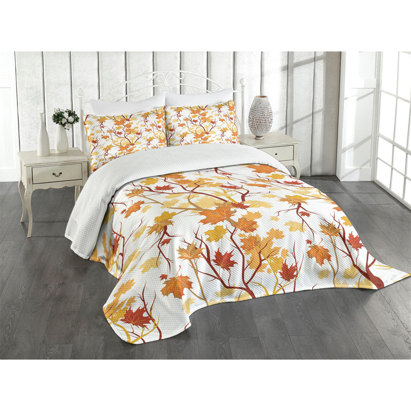King Size White Quilted Bedspread Set with Autumn Leaves