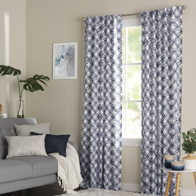 Moorpark 100% Polyester Room Darkening Geometric Print Curtain Panel with Rod Pocket Top and Hidden Back Tabs , Blue/Cream