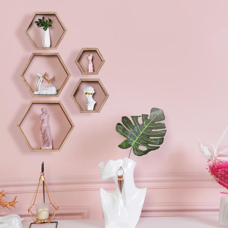 Ensemble de 5 tablettes flottantes Hexagon, Bois jaune clair