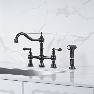 Heritage Brass Bridge Kitchen Faucet with Sprayer, 4 Hole Kitchen Faucet 2 Handle, 8 Inch Centerset Faucet for Kitchen Sinks
