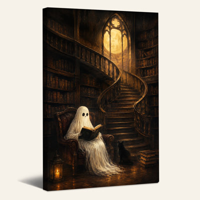 Impression sur toile, livre fantôme dans une bibliothèque gothique avec Halloween