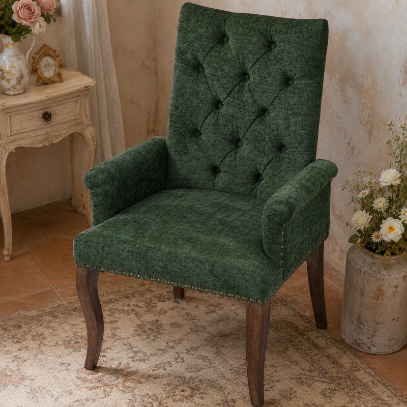 Fauteuil de salle à manger Ellvorn en chenille capitonnée, fauteuil d'appoint français rembourré avec dossier haut, pieds incurvés en bois massif, coussin en mousse et capacité de charge de 136 kg.