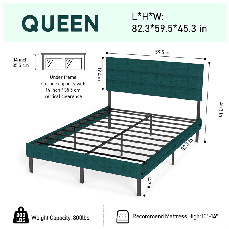 Grand lit plateforme tapissier avec rangement, Grand, Noir/vert