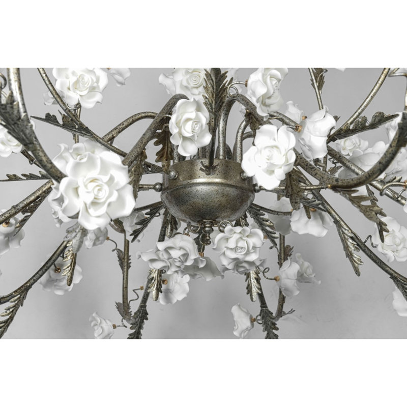 Lustre fleur en porcelaine clair, Or antique, H 17 po x l 22 po x P 22 po, Bleu pastel