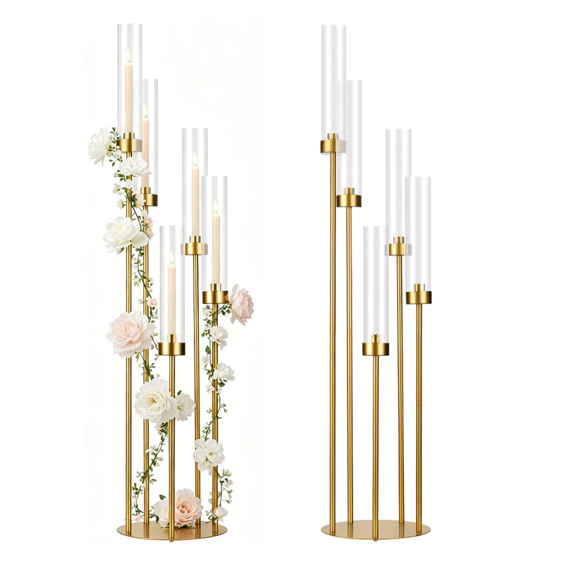 2Pcs 5 Arm Candle Holders for Wedding Table Centerpieces,39.4'' Tall Candelabra With Acrylic Lampshade For Birthday Party Home Decoration Halloween Christmas