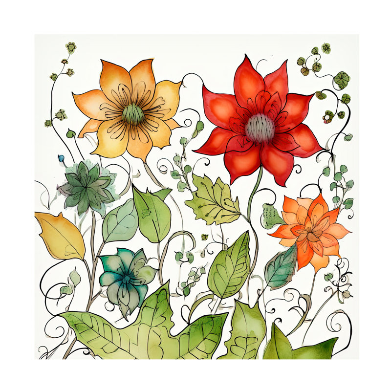 Symmetrical Floral Botanical Canvas Art with Wood Frame, 14" x 14"