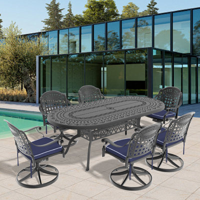 7-Piece All-Weather Cast Aluminum Dining Set, Include 6 Swivel Chairs And Oval Table With Black Frame