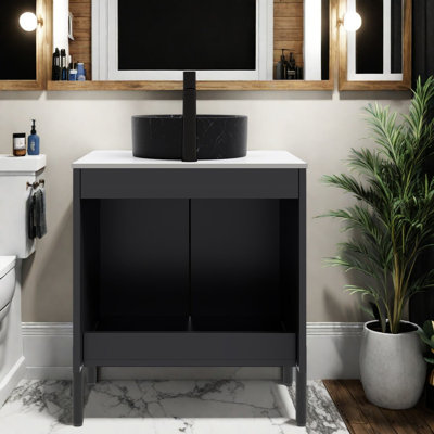 Meuble-lavabo compact compact avec lavabo en céramique, panneau de fibres à densité moyenne noir et comptoir en pierre de Carrare