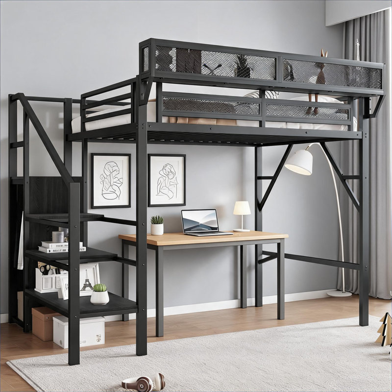Pour les enfants et les adolescents, petite chambre à coucher, structure de lit mezzanine simple, métal noir classique moderne avec rangement intégré et garde-robe