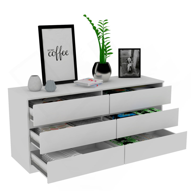 Commode double 6 tiroirs, dessus, blanc, Blanc