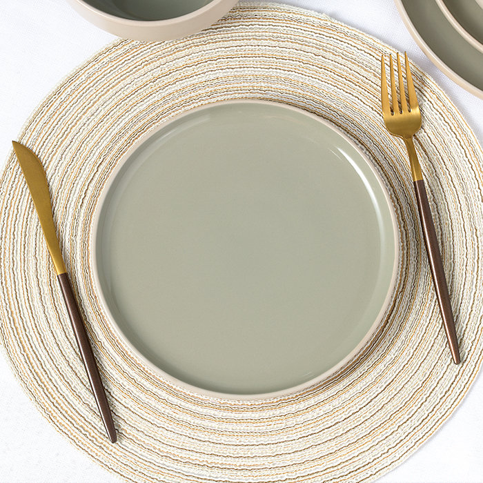 Waterside 12pc 2 Tone Matt & Shiny Stoneware Dinner Set, Cream/Green