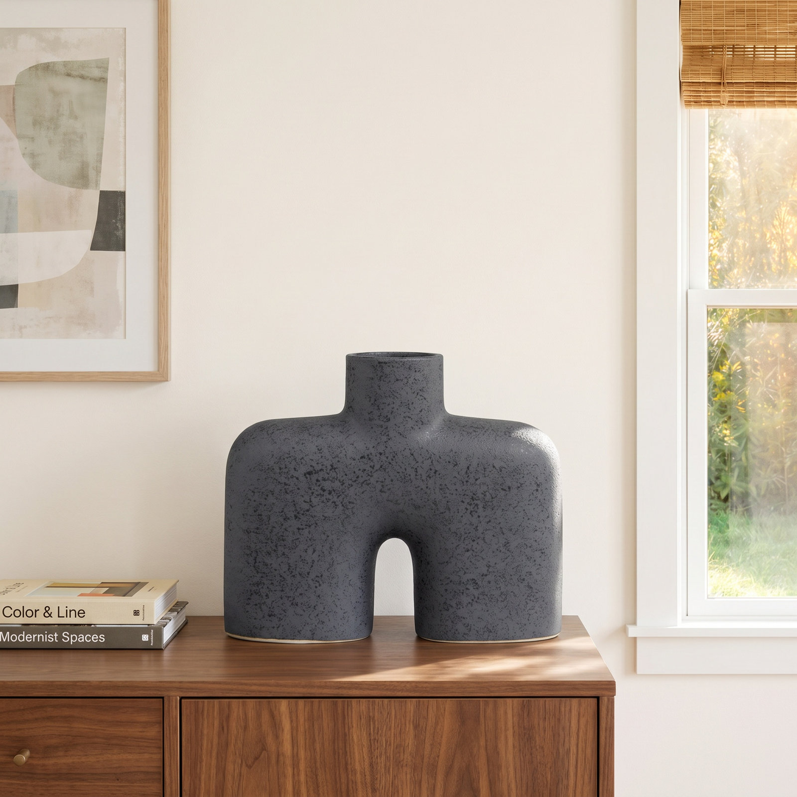 Sharee Stoneware Table Vase, 9" H x 10.9" W x 3.55" D, Black