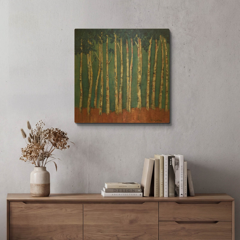 « Arbres bleus » par Holly Wojhan, tableau mural en métal doré, 61 x 61 cm, 24 po x 24 po