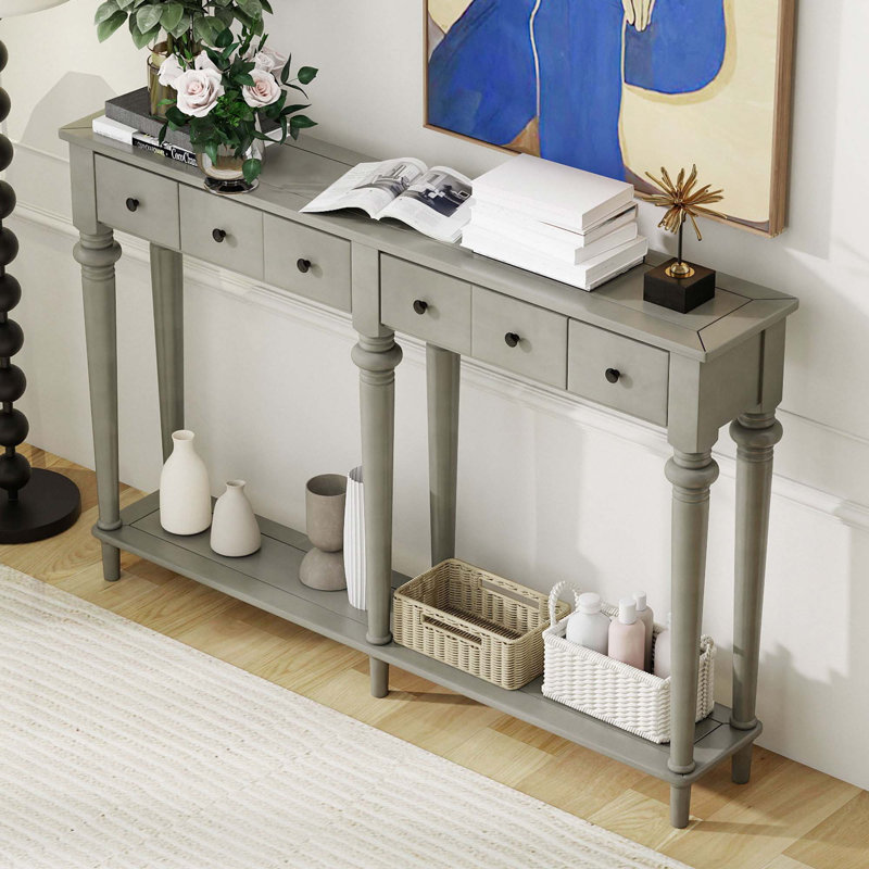 Console rétro avec 4 tiroirs et tablette ouverte, parfaite pour les entrées et les salons, Duplicata gris délavé 1