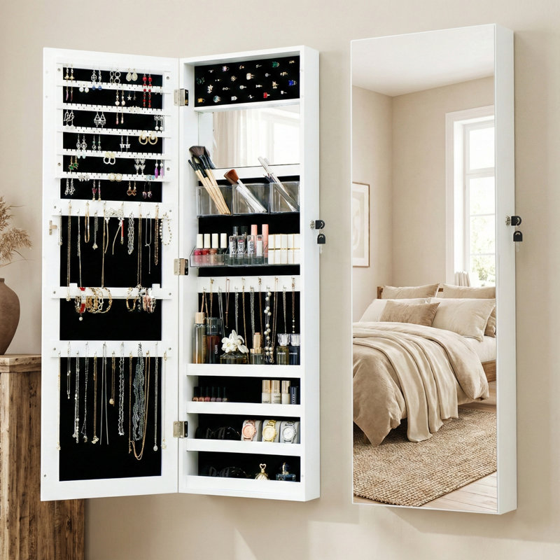 14.5'' Wide Wall/Door Mounted Jewelry Armoire with Full-Length Mirror​, White