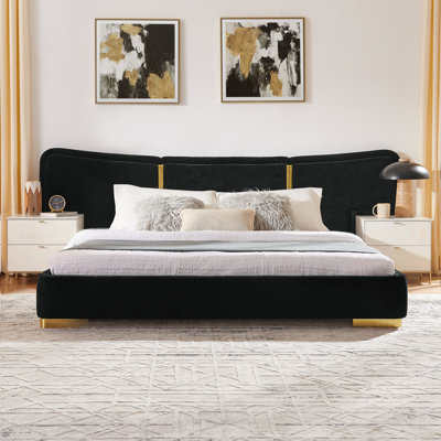 Queen Size Upholstered Platform Bed, Soft Chenille Fabric Frame with Curved Headboard, Reinforced Metal Legs, Black