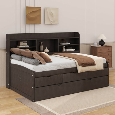 Twin-Size Wooden Captain Bed With Built-In Bookshelves, Three Drawers, And A Trundle