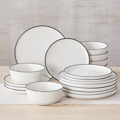 Ensemble de vaisselle 18 pièces en céramique blanche avec rebords noirs - Service de vaisselle de style moderne pour 6 personnes, comprenant assiettes, assiettes à salade et bols - Articles essentiels pour les Fêtes, les mariages et les dîners