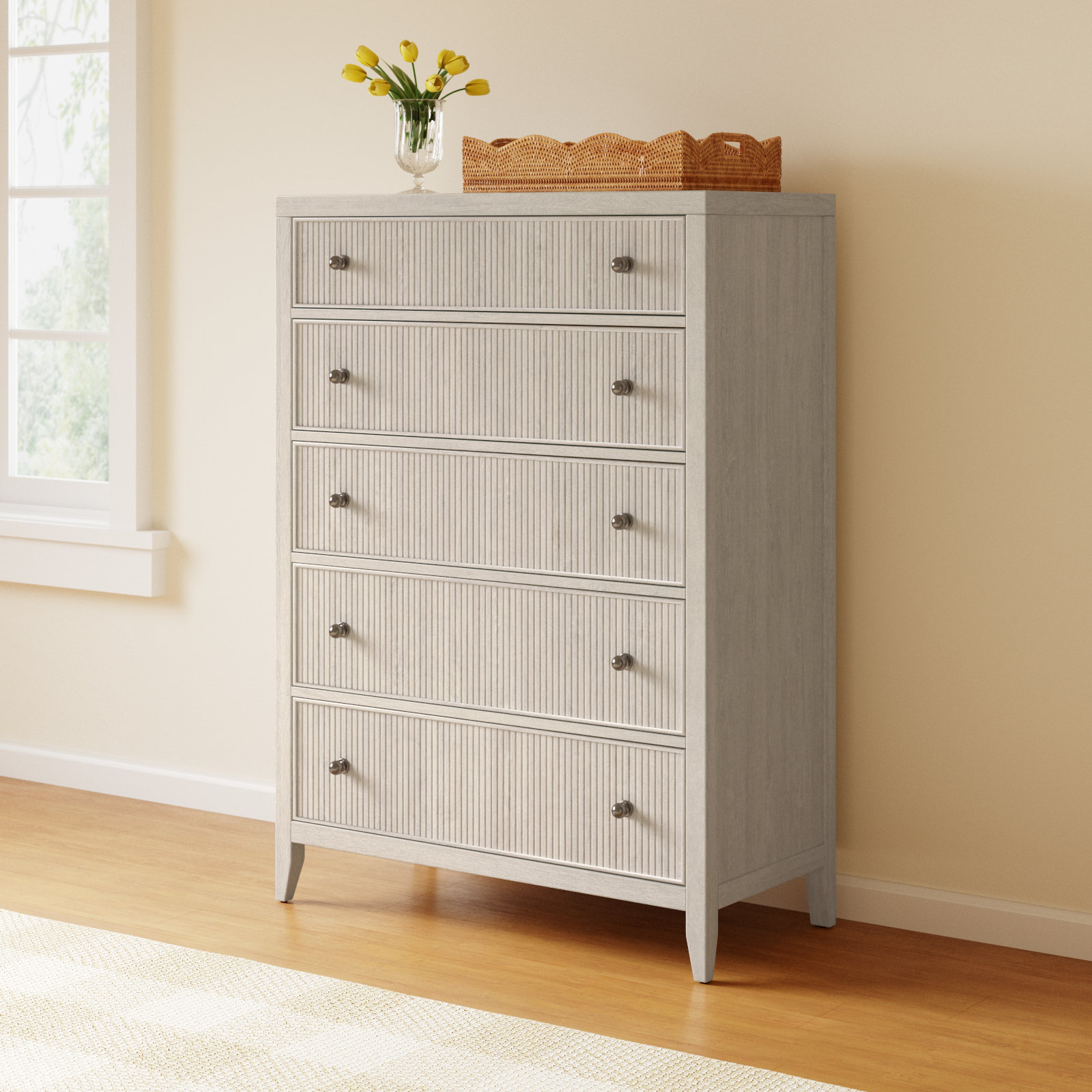 Caterina 5-Drawer Chest, White Oak