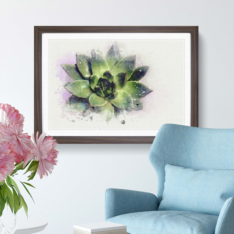 A Green Succulent Plant in Abstract - Picture Frame Graphic Art Print on MDF, Walnut Framed, 36cm H x 48cm W x 2cm D