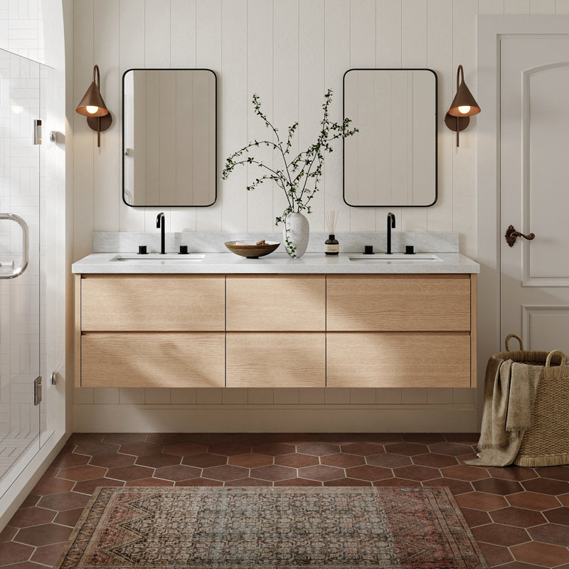  Ensemble de meuble-lavabo mural rectangulaire double avec comptoir en marbre blanc Carrara, Rectangulaire, Chêne naturel