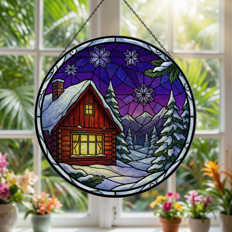 12"H Winter Cabin Stained Glass Window Panel, 12" H x 12" W
