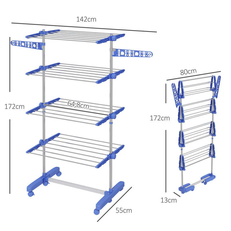 HOMCOM 4-Tier Clothes Airer Foldable with Wheels, Silver/Blue