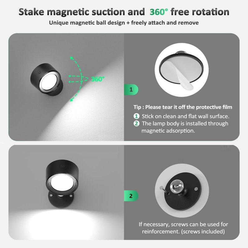 LED Wall Light Rechargeable Battery Operated With Remote, Magnetic Rotation,2 Pcs, Matte Black