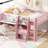 Pink Full Size Low Loft Bed With Built - In Desk, Three Storage Compartments, Open Shelves, Features And Space Utilizing Bedroom Layout Bed, Pink, Featuring Bookcase, Under Storage, Guardrail,-2110590624
