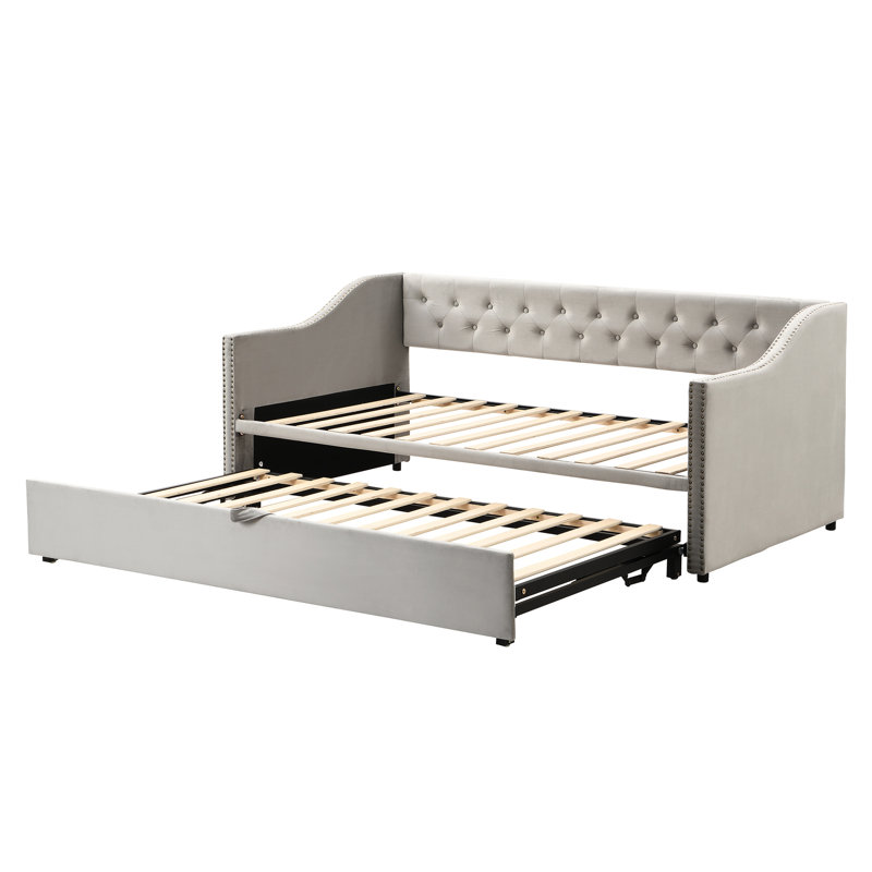 Lit de jour simple rembourré gris pour n'importe quelle pièce avec lit gigogne escamotable - Répond à différentes exigences, sans fondation