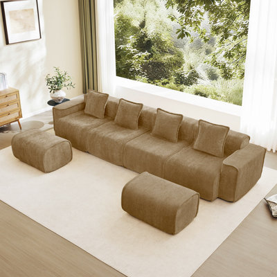 Streamlined Design Modular 4 Seat U Shape Sectional Boneless Sofa With French Edge Piping, No Assembly Required,4-Seat Sofa Couch With Throw Pillows And 2 Movable Ottomans, Velvet Fabric