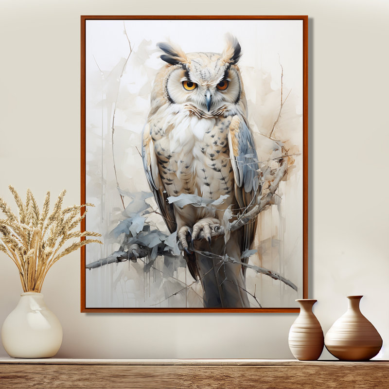 «Wise And Watchful Majestic Owl I», art mural hibou, H 32 po x l 16 po x P 1 po, Brown Floater Framed