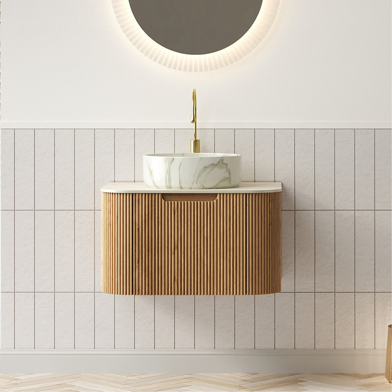 Meuble-lavabo et lavabo de salle de bain, armoire rayée à bords arrondis avec tiroir, lavabo rond en céramique avec motif en pierre et plateau en pierre frittée à motif de travertin, pré-assemblé