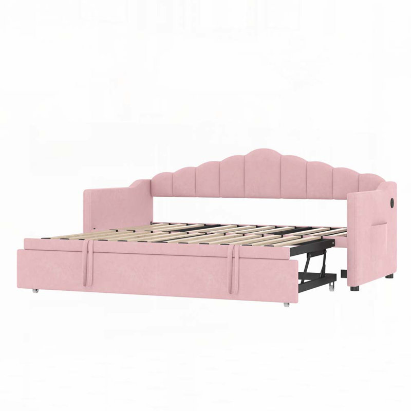 Velvet Upholstered aybed with Adjustable Height Pop Up Trundle,USB & Type-C Charging Port, Pink