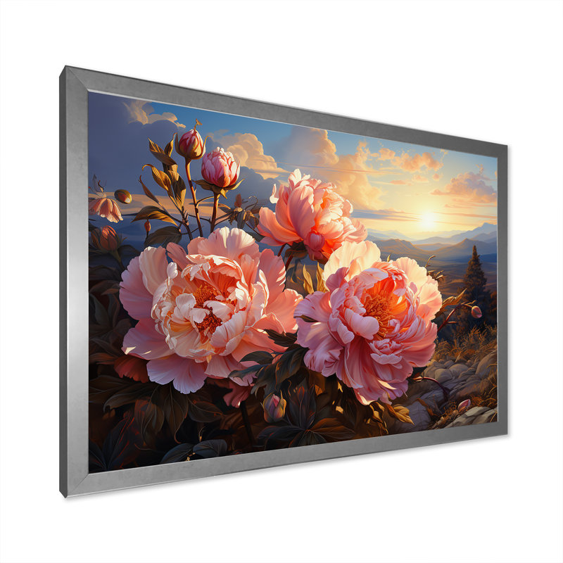 Pivoines magiques au coucher du soleil I, H 34 po x l 44 po x P 1,5 po, Cadre photo argenté