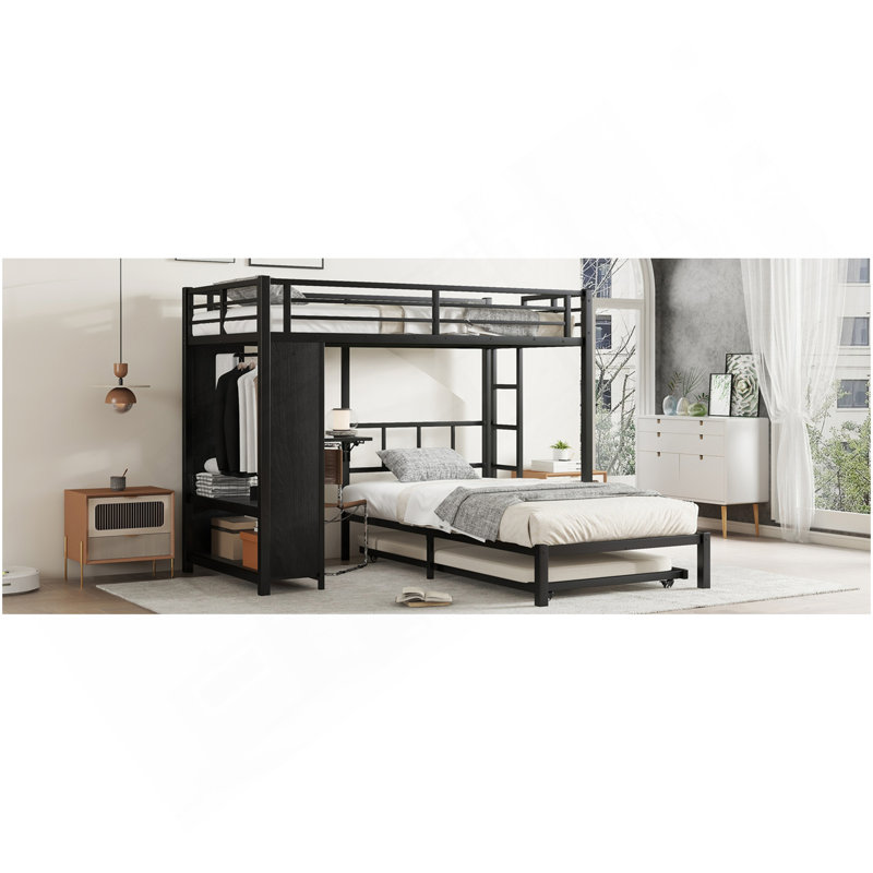 Lit superposé simple au-dessus de simple avec garde-robe intégré, lit superposé en métal avec lit gigogne, bureau pliable, échelles, conception à réduction de bruit, noir