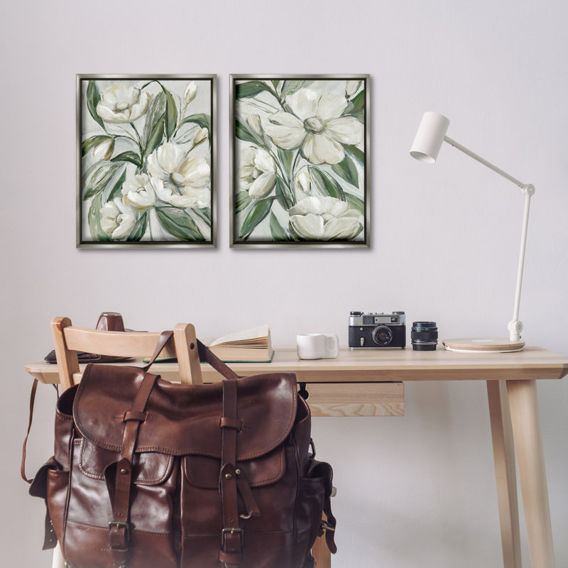  Ensemble de 2 toiles flottantes encadrées "White Blossoms & Leaves" par Hannah Dawson, Cadre flottant gris lustré