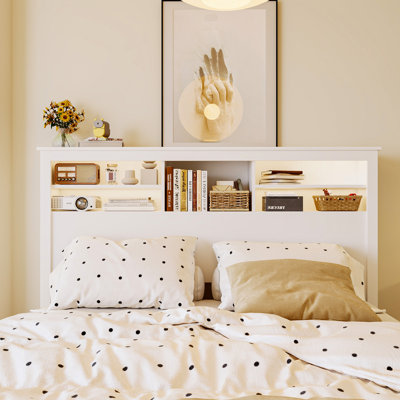 White Bookcase Headboard With Strong Storage And LED Light by Ebern Designs