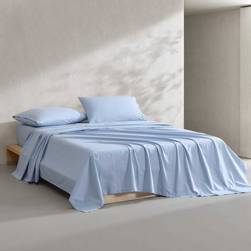 Calvin Klein Washed Cotton Percale Sheet Set, Blue, Full Sheet Set with 2 Pillowcases
