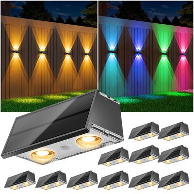 Solar Fence Lights,12 Pack Deck Light,Led Outdoor Lights 3000K/4500K/6000K+ RGB Up & Down Wall Lights Waterproof,Solar Powered Light For Backyard/Pool/Railing/Patio/Porch/Step