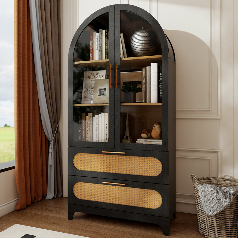 Armoire de rangement arquée en bois avec portes en rotin, étagère de présentation autoportante à 3 niveaux avec rangement caché