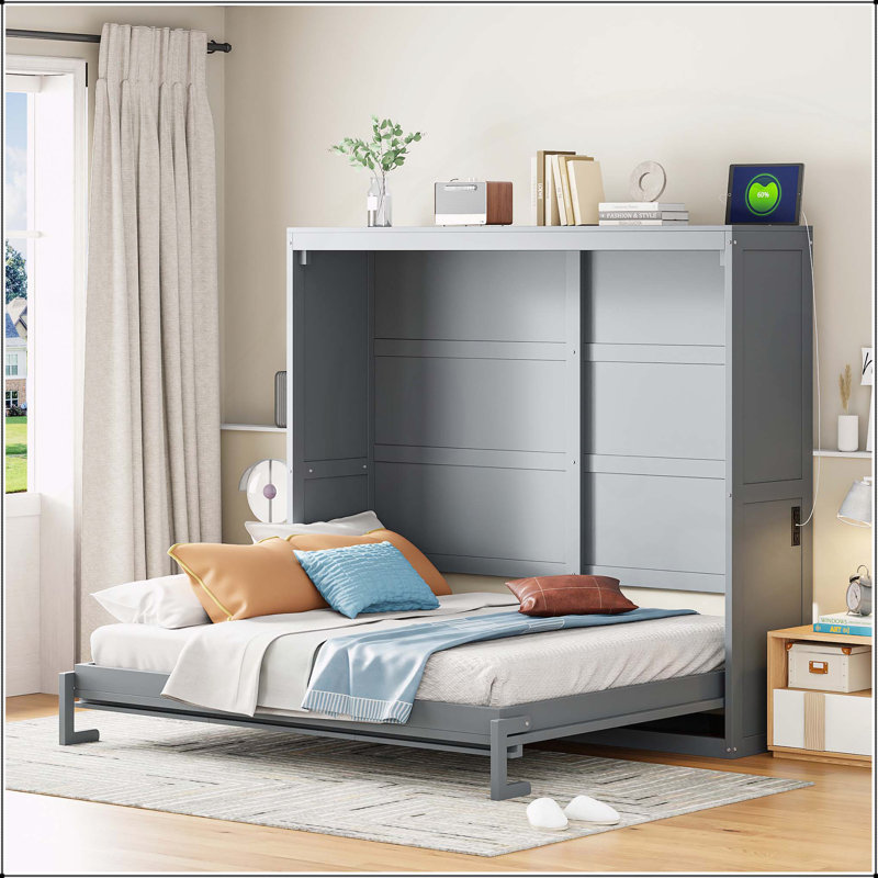 Lit escamotable double pleine grandeur, gris, Double