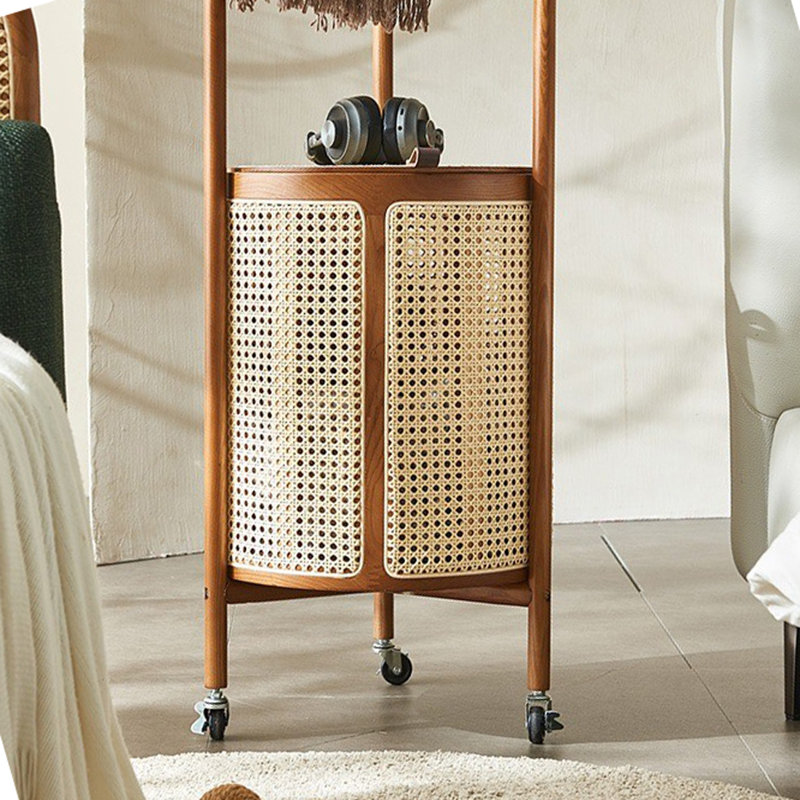 Ash Wood Rattan Coat Rack Removable Basket, Walnut