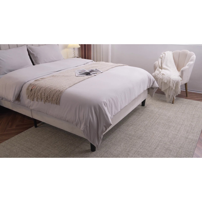 Queen Off-White Velvet Upholstered Platform Bed with Tufted Headboard
