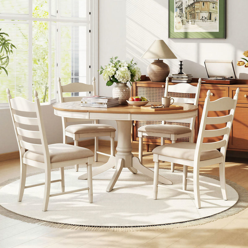Ensemble de salle à manger extensible 5 pièces avec table à piédestal et chaises rembourrées, Naturel