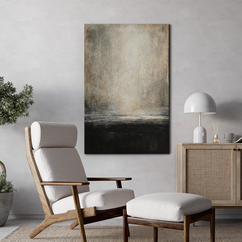 Impression sur toile abstraite noire et beige - reproduction d'art moderne minimaliste neutre pour le salon, la chambre à coucher ou le bureau