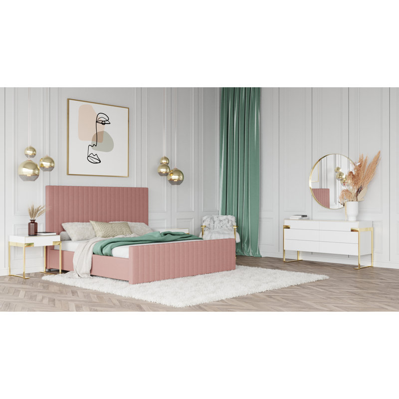 Lit plateforme tapissier à profil bas Zayden, Rose, Grand