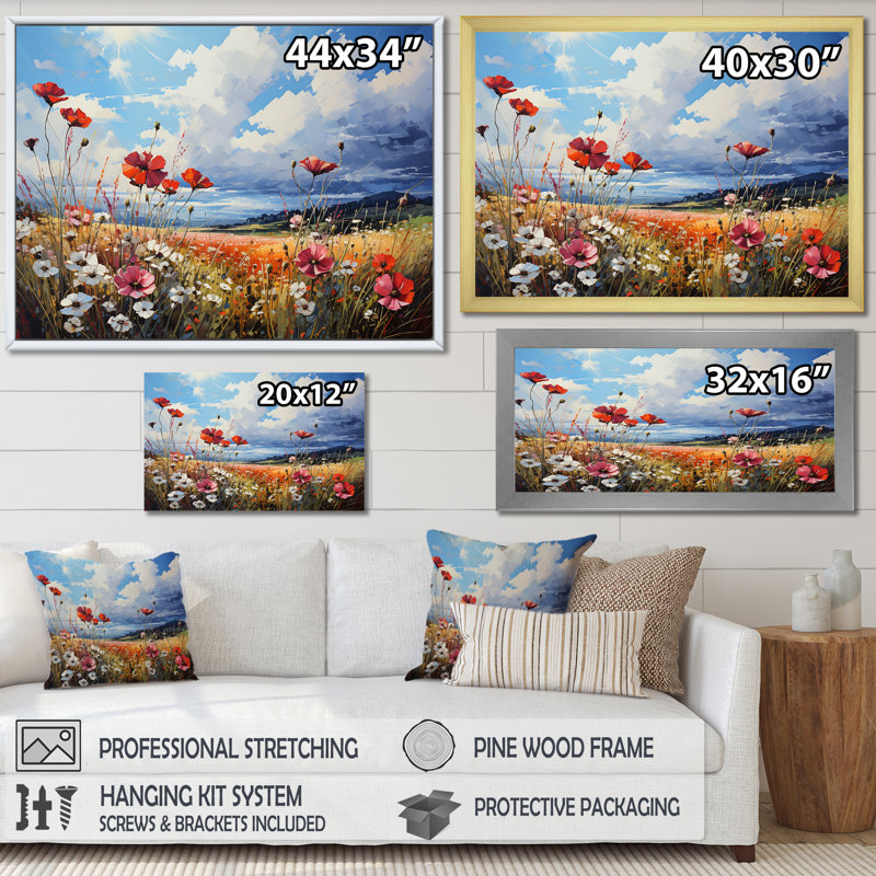Multicolore fleur cramoisie élégante sur toile, Cadre doré simple, H 34 po x l 44 po x P 1,5 po