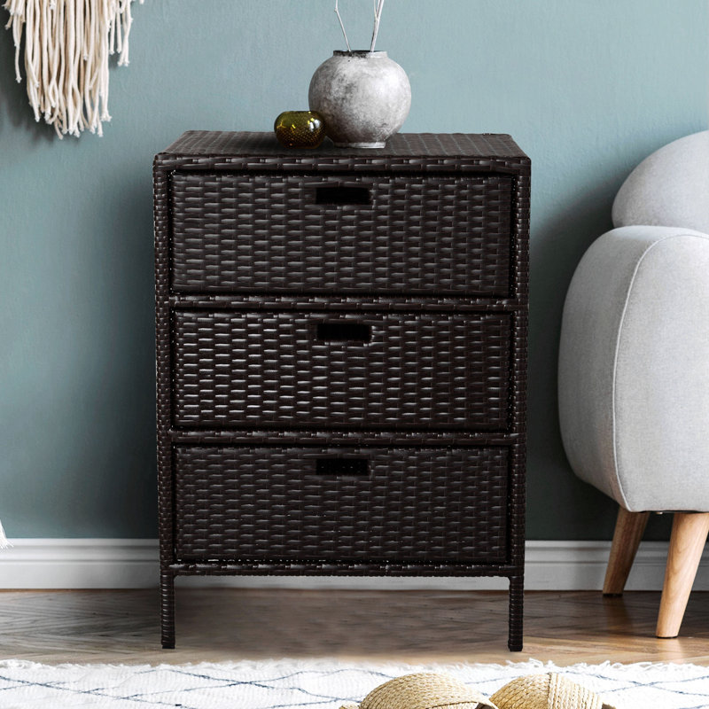 Outdoor Storage Towel Cabinet, PE Rattan Pool Storage Organizer, Freestanding Outdoor Storage Towel Rack For Pool With 3 Drawers And Weather Safe Material, Brown
